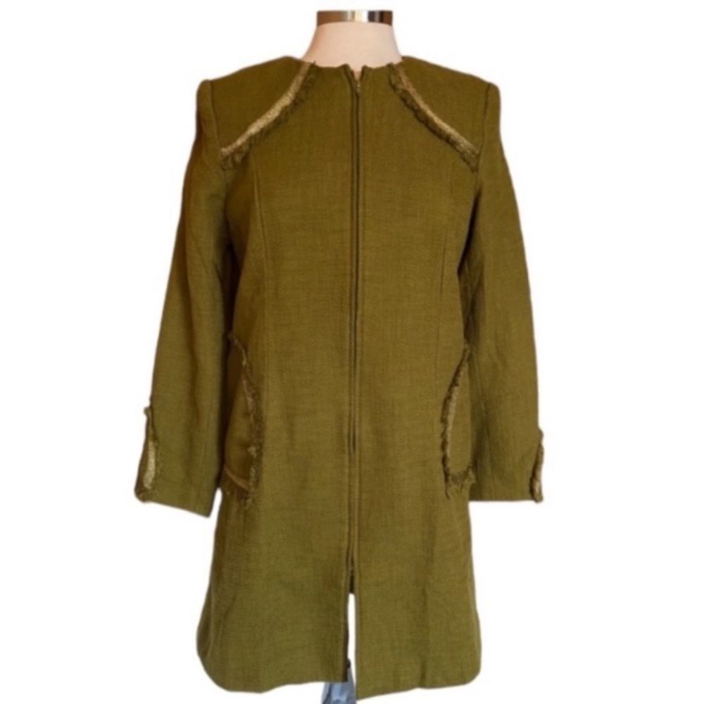 Paula Hian Olive Green Textured Jacket Small Artisan Mid Length Gold Trim